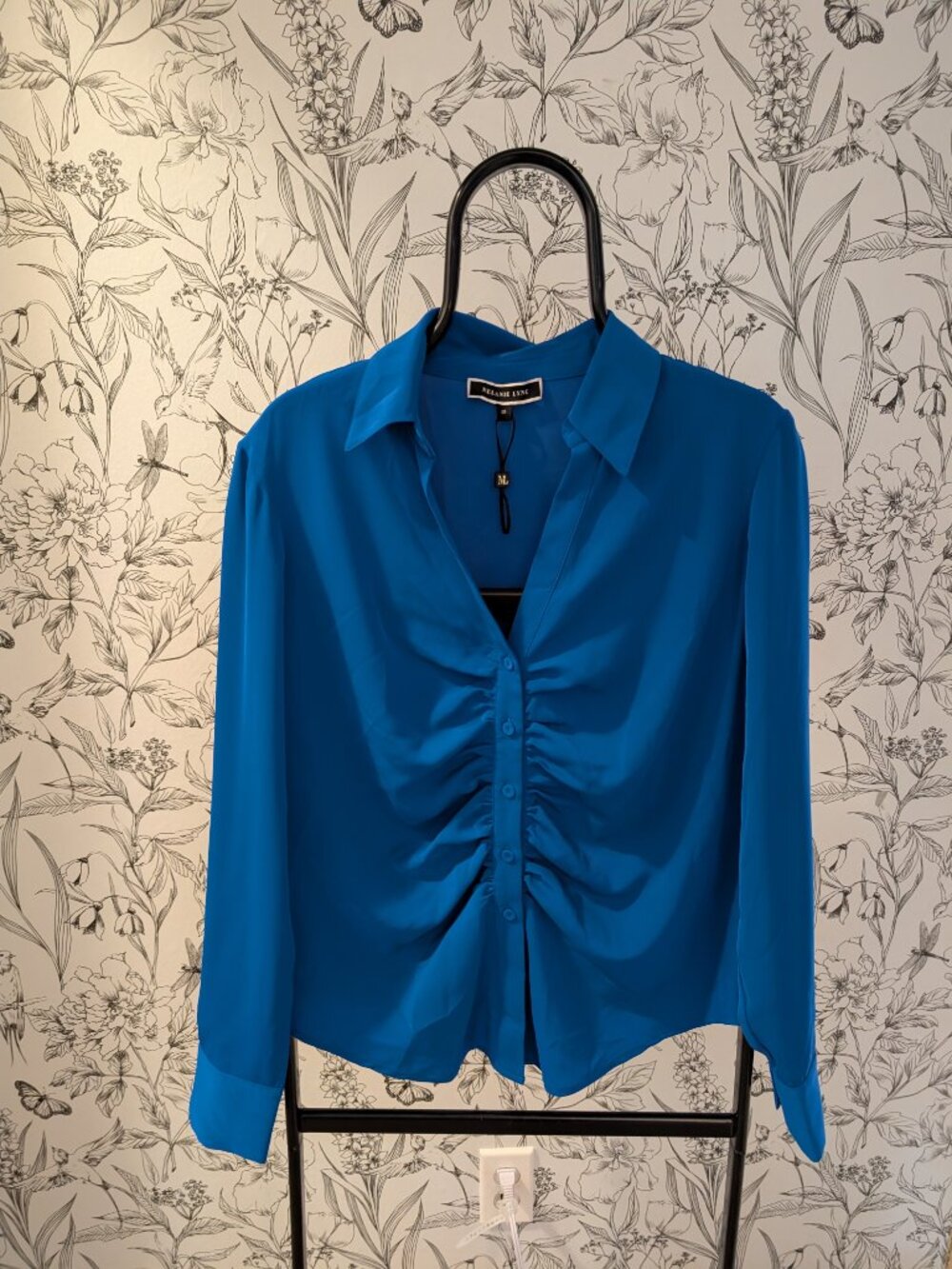 Melanie Lyne Blue Ruched Button Front Blouse Size 12